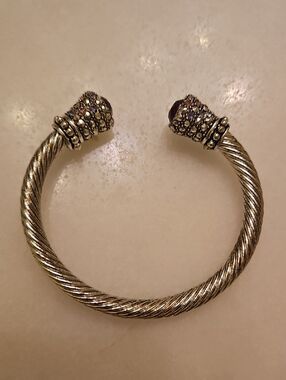 Silver-Tone Twisted Cable Cuff Bracelet with Crystal End Caps